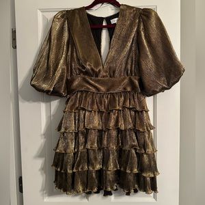 Mable pleated tier gold mini dress. Size medium. NWT